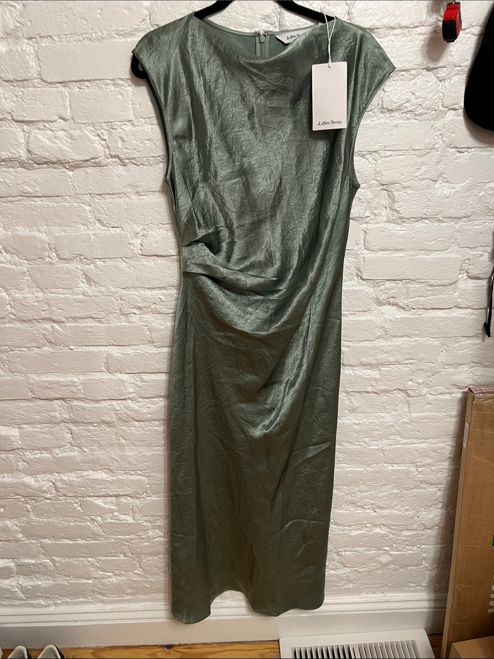 muted sage green draped midi dress